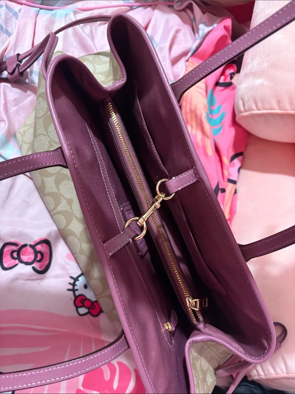 Coach Beige Signature Canvas Tote with Mauve Trim
